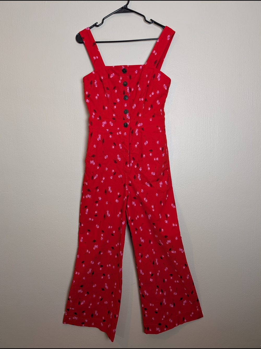 Maeve By Anthropologie Red Cherry Button-Front Retro Wide-Leg Jumpsuit